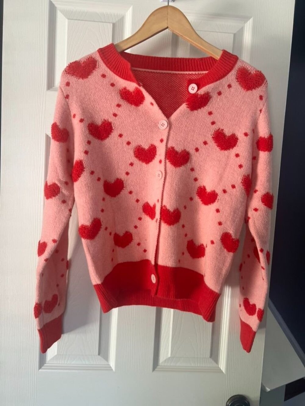 SHEIN Pink Heart Cardigan Womens Small Coquette Valentine Sweater